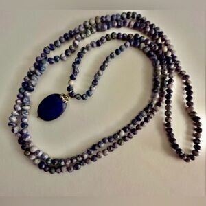 Vintage necklace Blue Sodalite round polished stones, Lapis Lazuli oval pendant